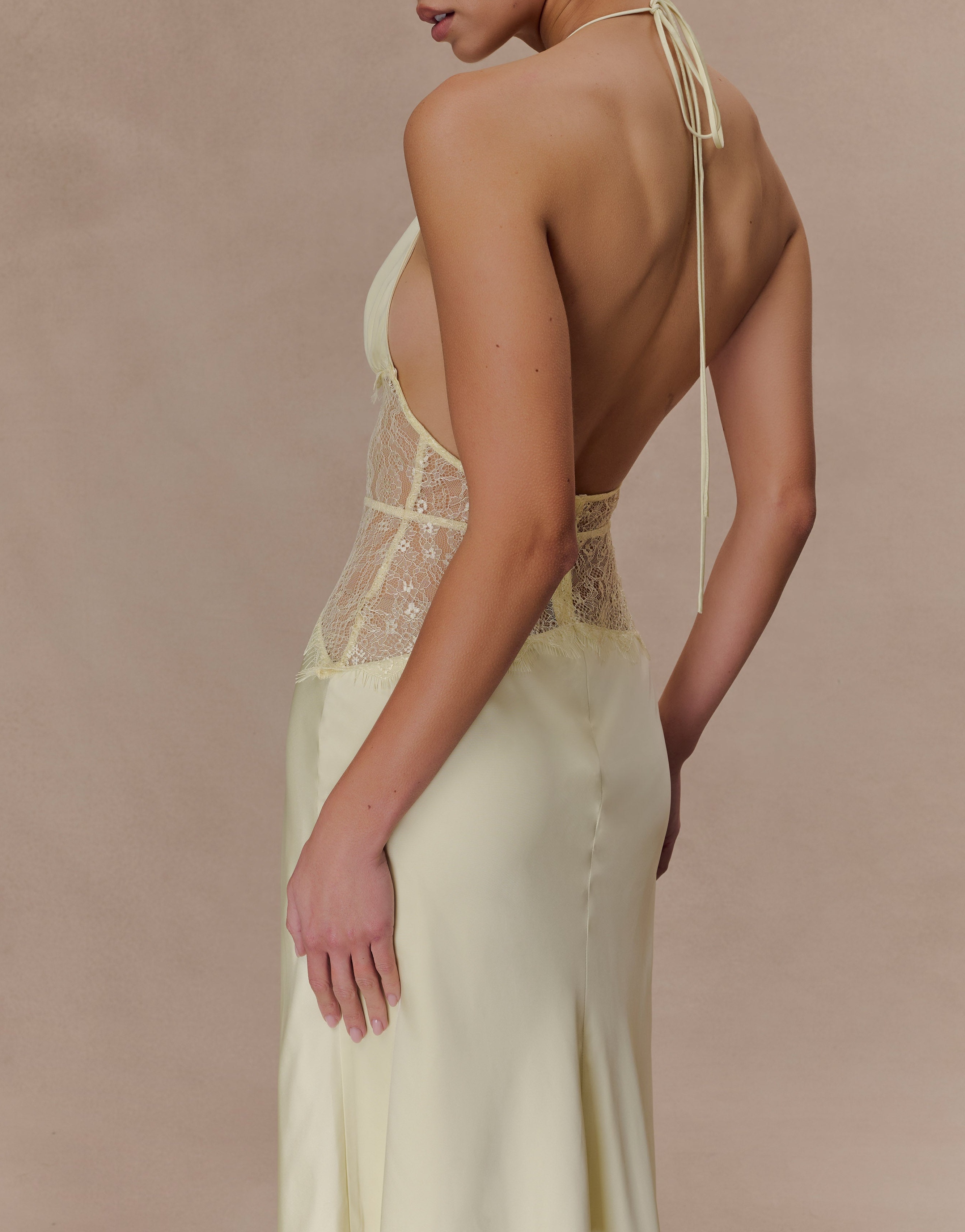 Lemon Lace And Satin Maxi Dress