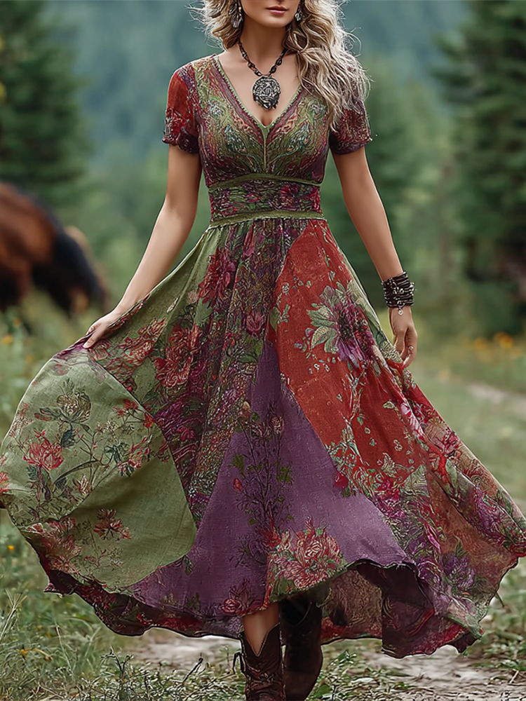 Bohemian Style Retro Floral Pattern Women's V-neck Dress
