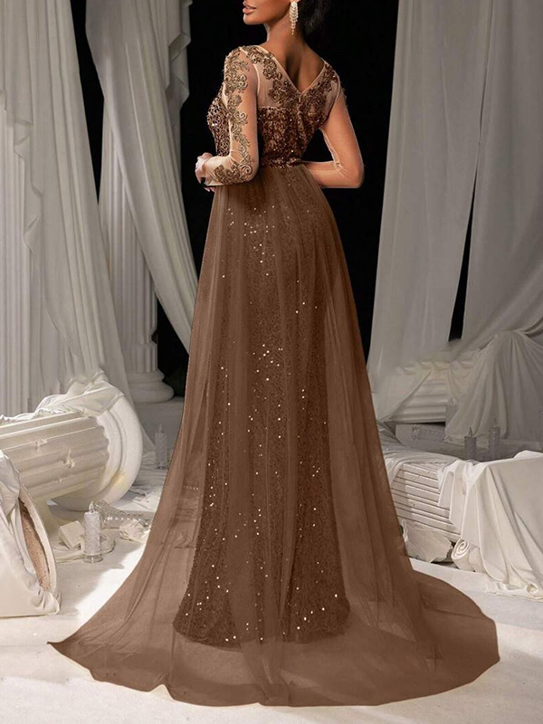 Sequinned Flower Lace Mesh Splicing Long Sleeves Mermaid Evening Maxi Dresses