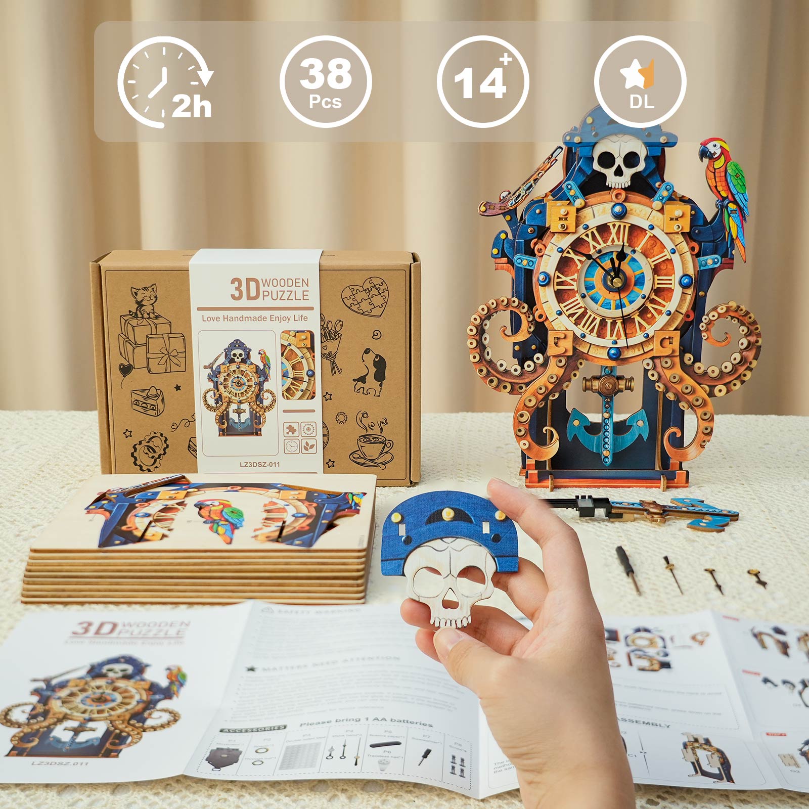 Octopus Sea Monster  â€“ DIY Wooden Clock, 3D Puzzle Craft Kit