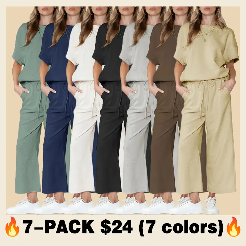 ⏰Women's Textured Loose Fit T Shirt and Drawstring Pants Casual Set