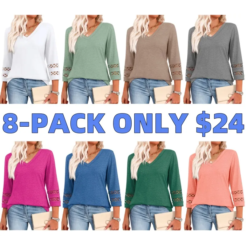 Womens 3/4 Length Sleeve Tops Trendy V Neck T Shirts(Just $3 a Each!)