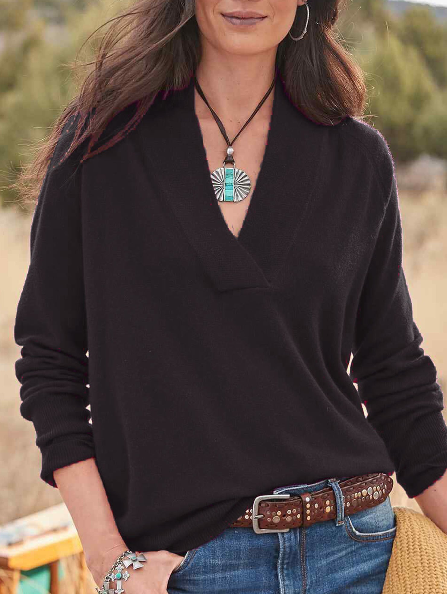 V-neck solid color loose long-sleeved top for women_CWOSWL09206