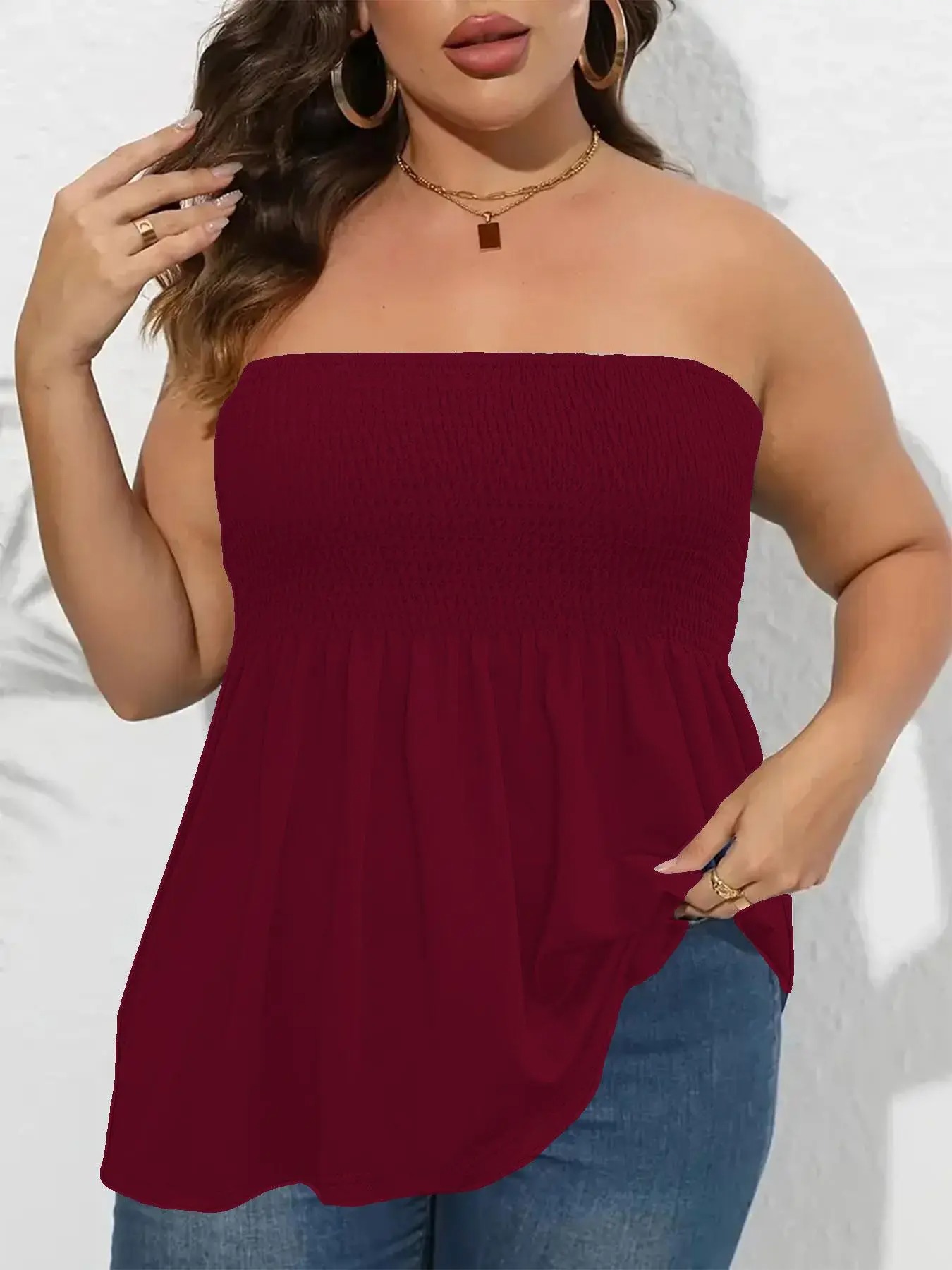 👚 Plus Size Shirred Strapless Tube Top – Ruffle Hem Boho Style