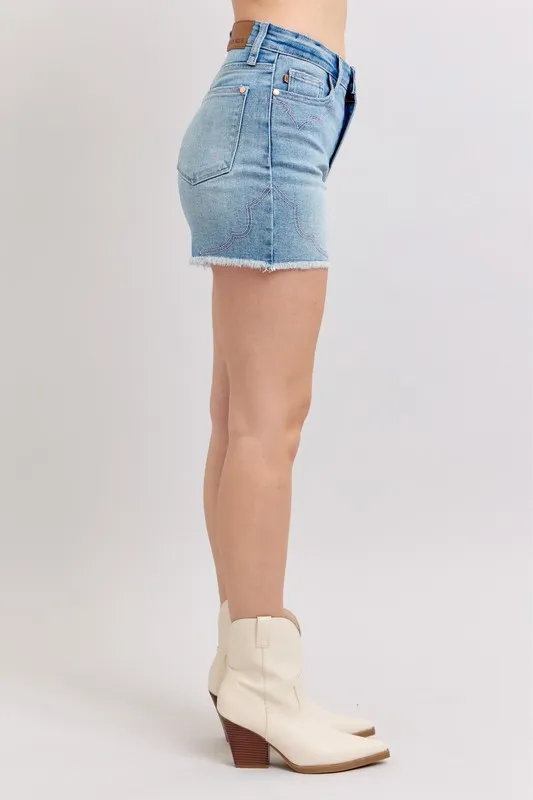 High Waist Western Embroidery Detail Cut Off Denim Shorts