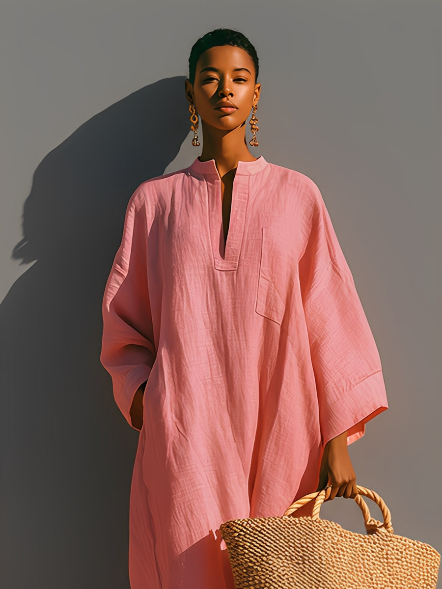 Women's Blush Pink Linen Dress With Three-Quarter Sleeves & Maxi Length, Timeless Resort-Casual Style Dress MDZ2250A5I