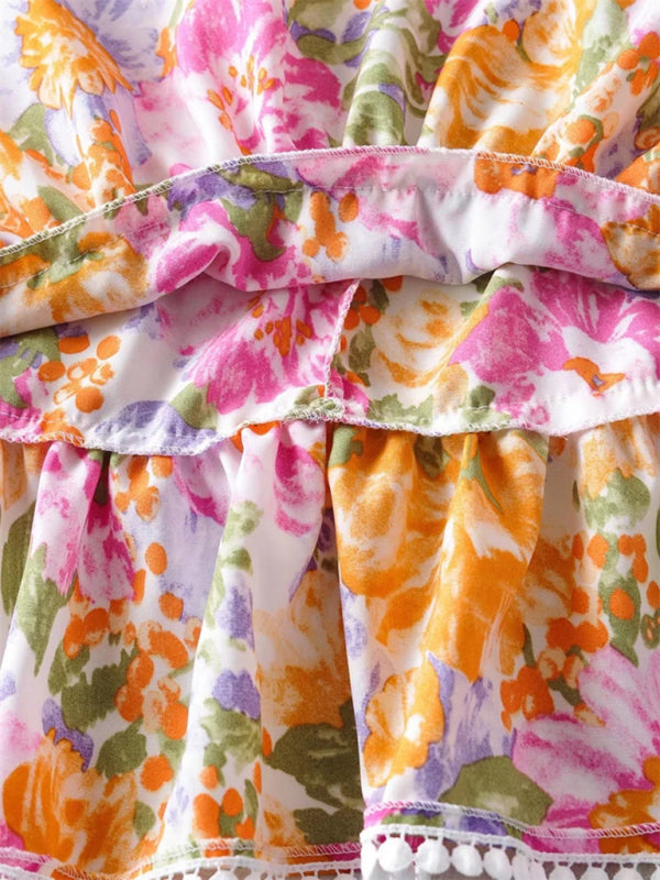 Back Tie Design Backless Dress Fresh And Sweet Short Skirt Popular Ruffled Print A-Line Skirt