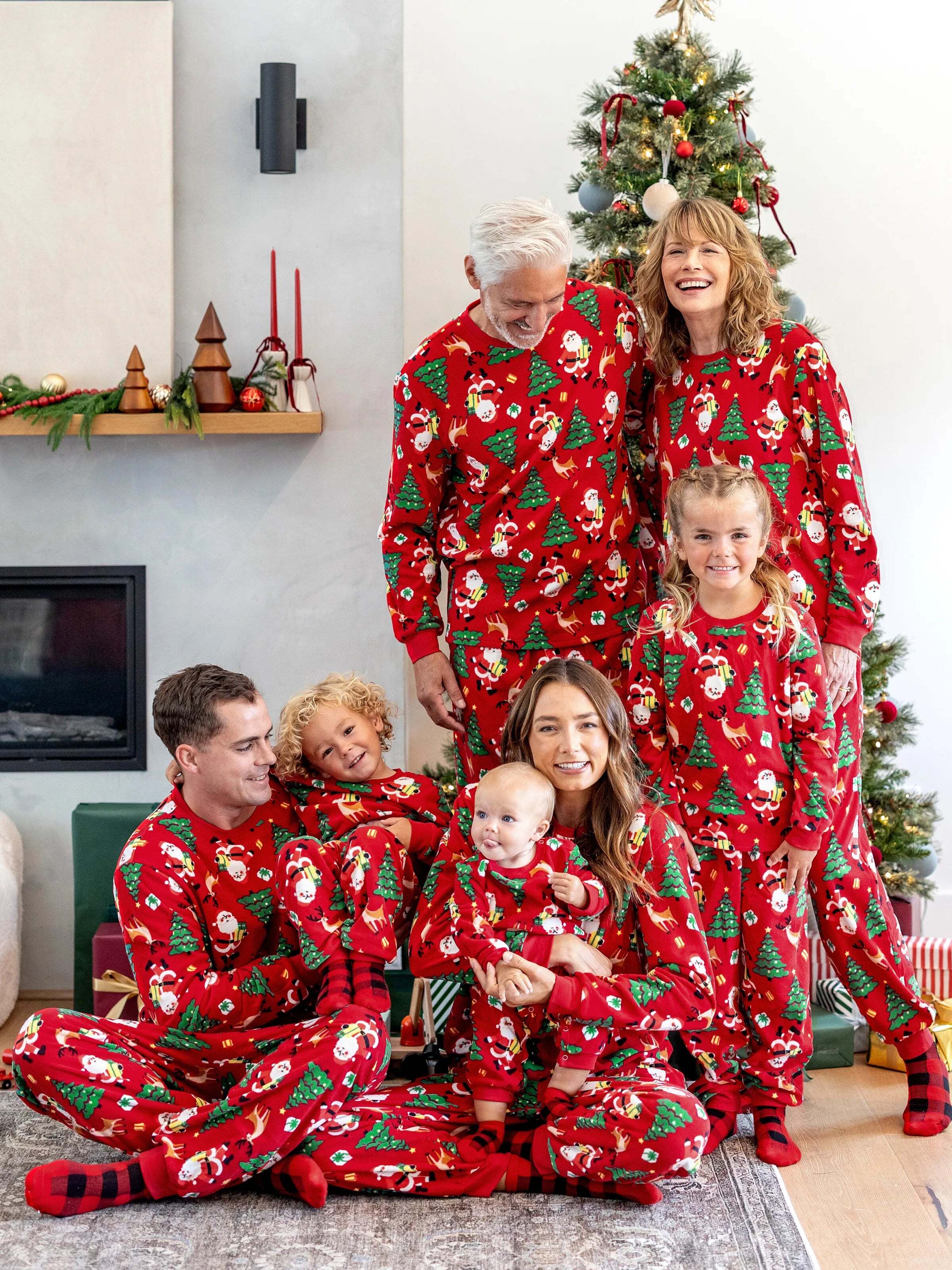 Christmas Matching Family Pajamas Set Santa Claus and Christmas Tree Print Red Fleece PJS with Christmas Socks Red
