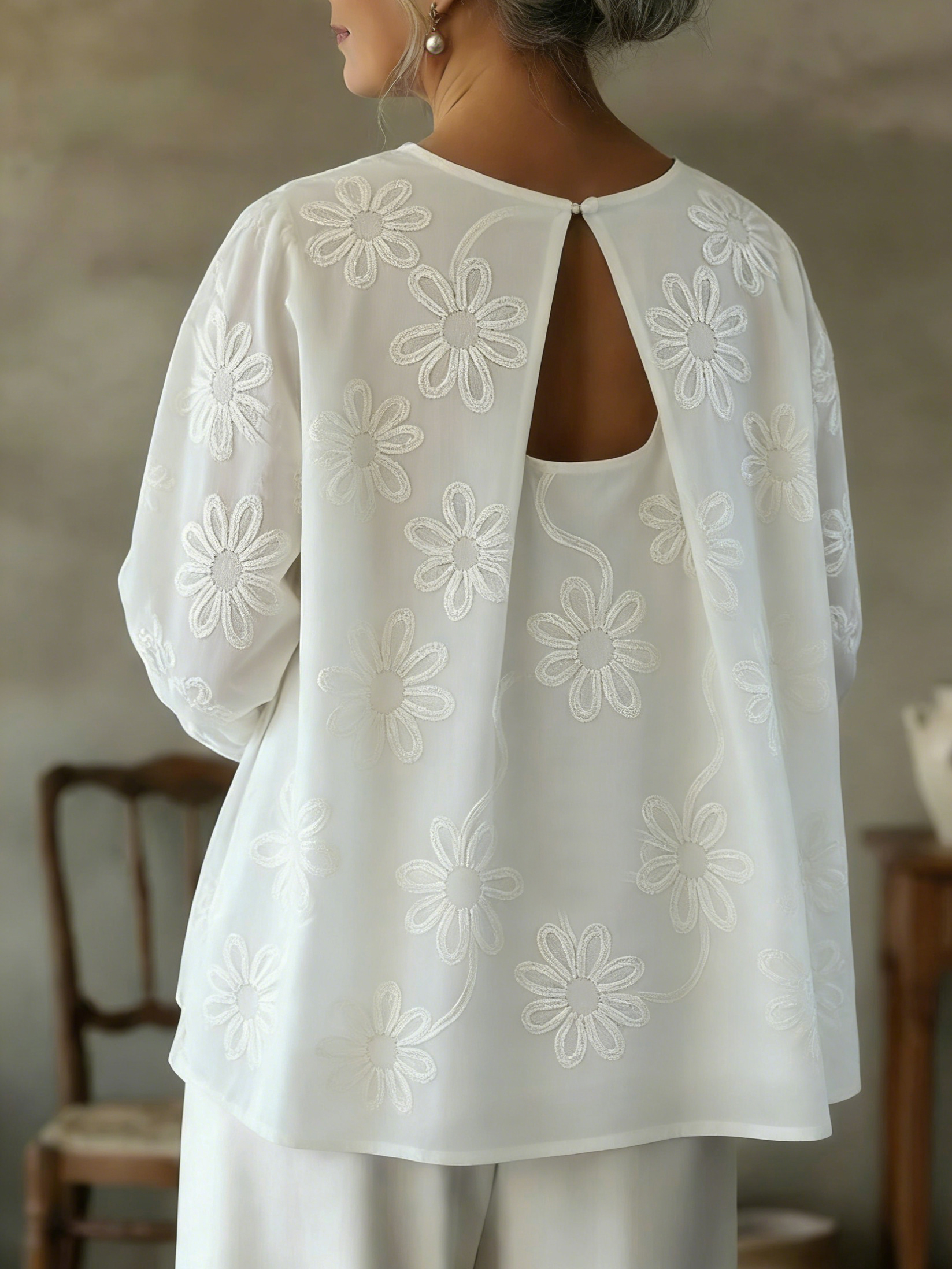 Romantic Floral Embroidered Cutout Design Blouse Shirt