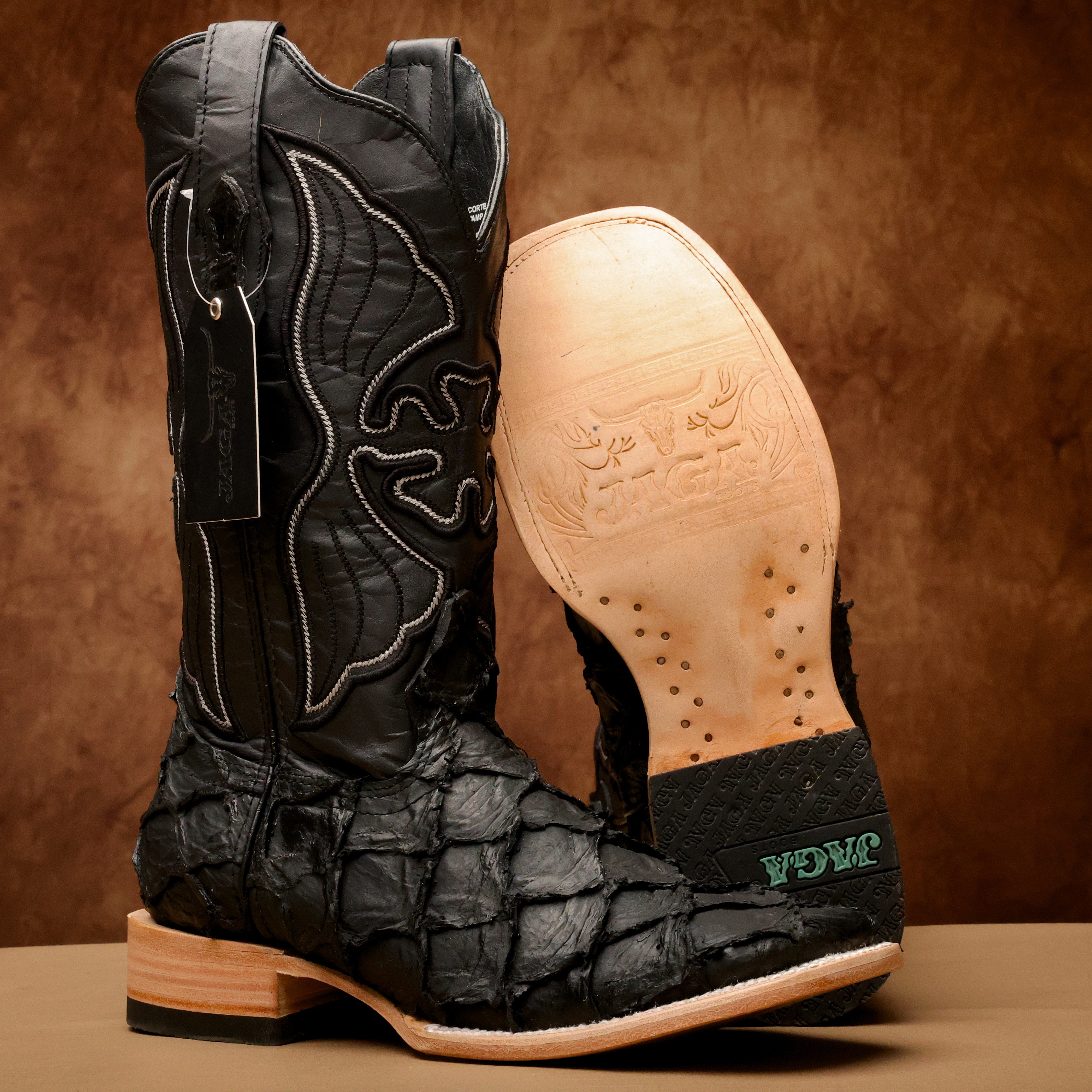 Matte Black Jumbo Pirarucu Leather Boots - Square Toe