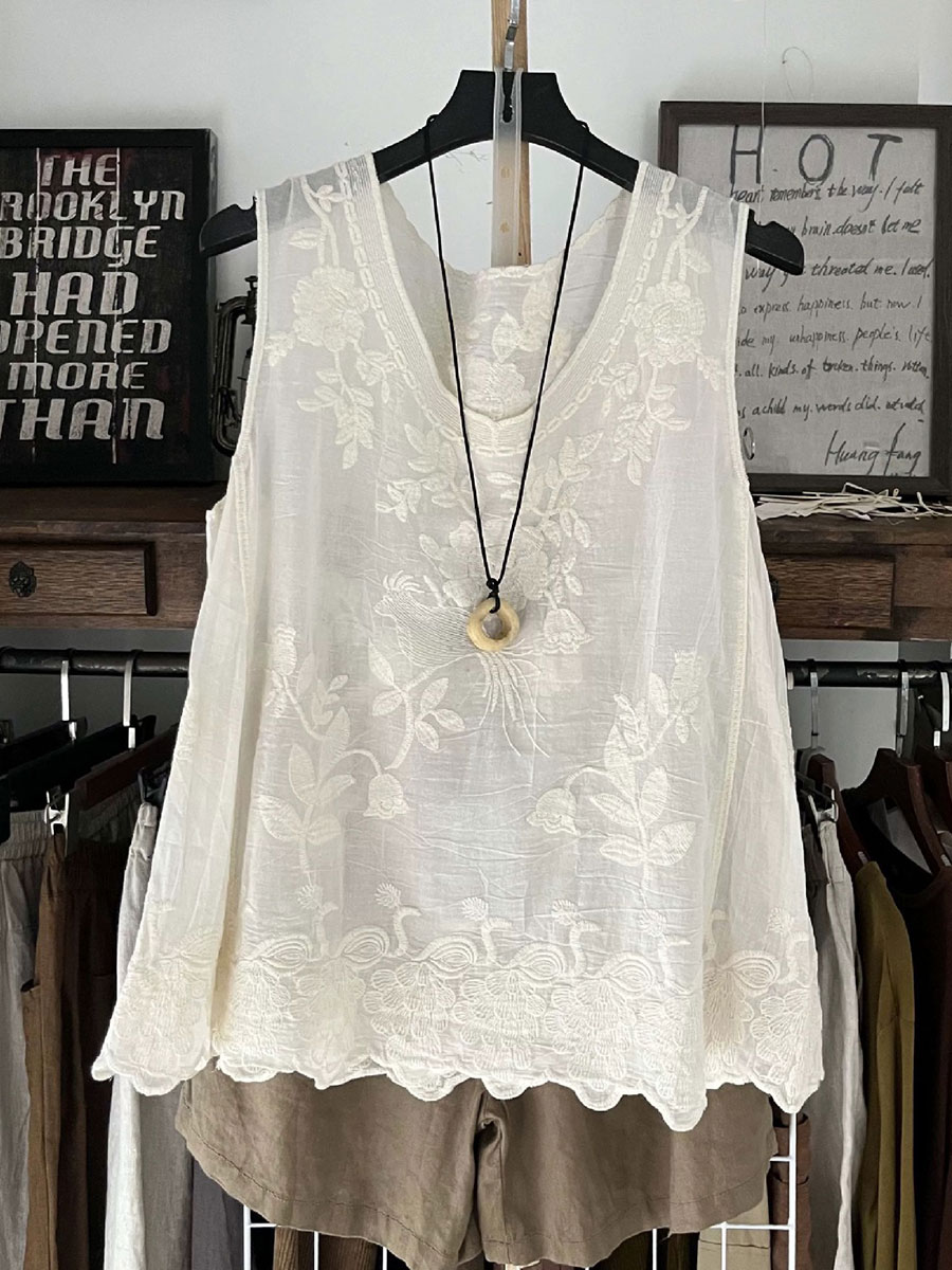 Women's  Vintage Lace Sleeveless Cotton and Linen Vest Top
