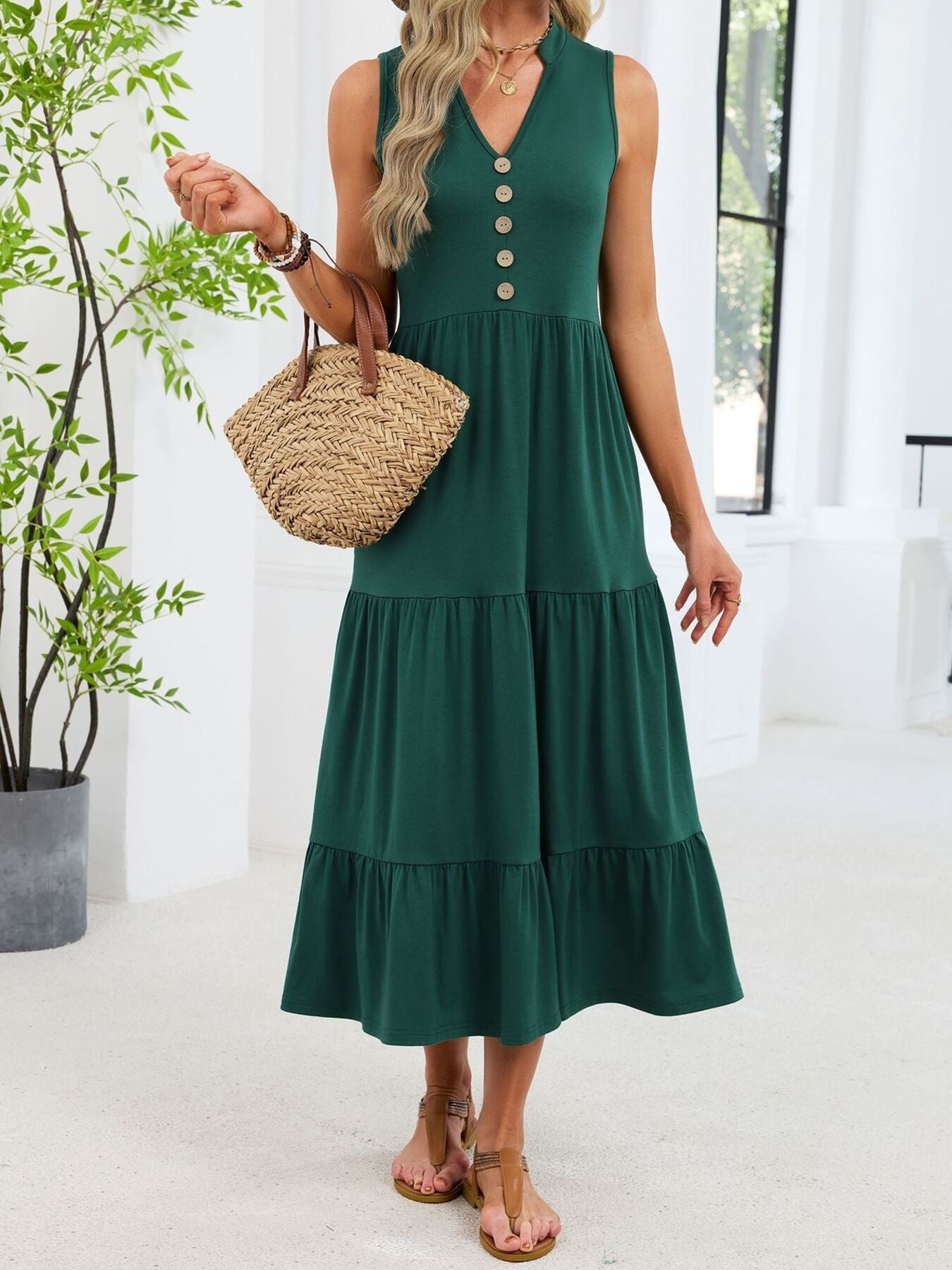 Ruffled Notched Tiered Midi Dress