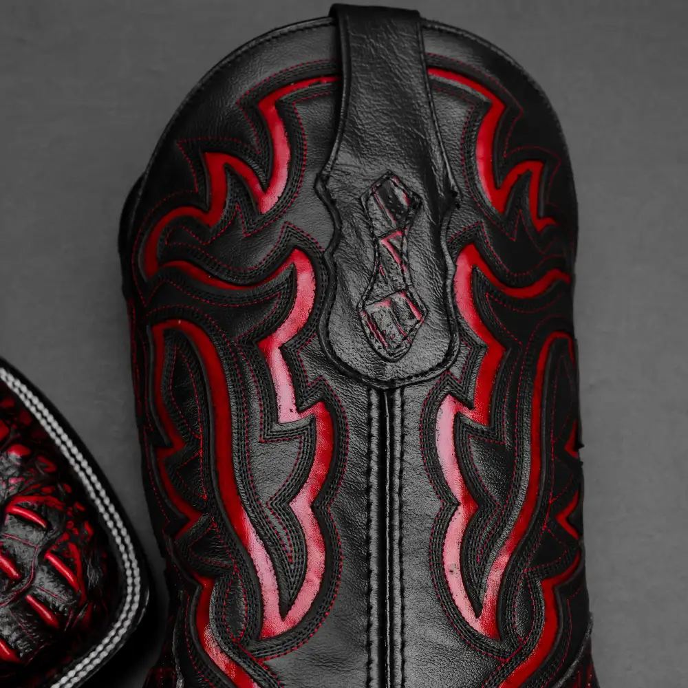 Black/Red Caiman Neck Leather Boots - Square Toe