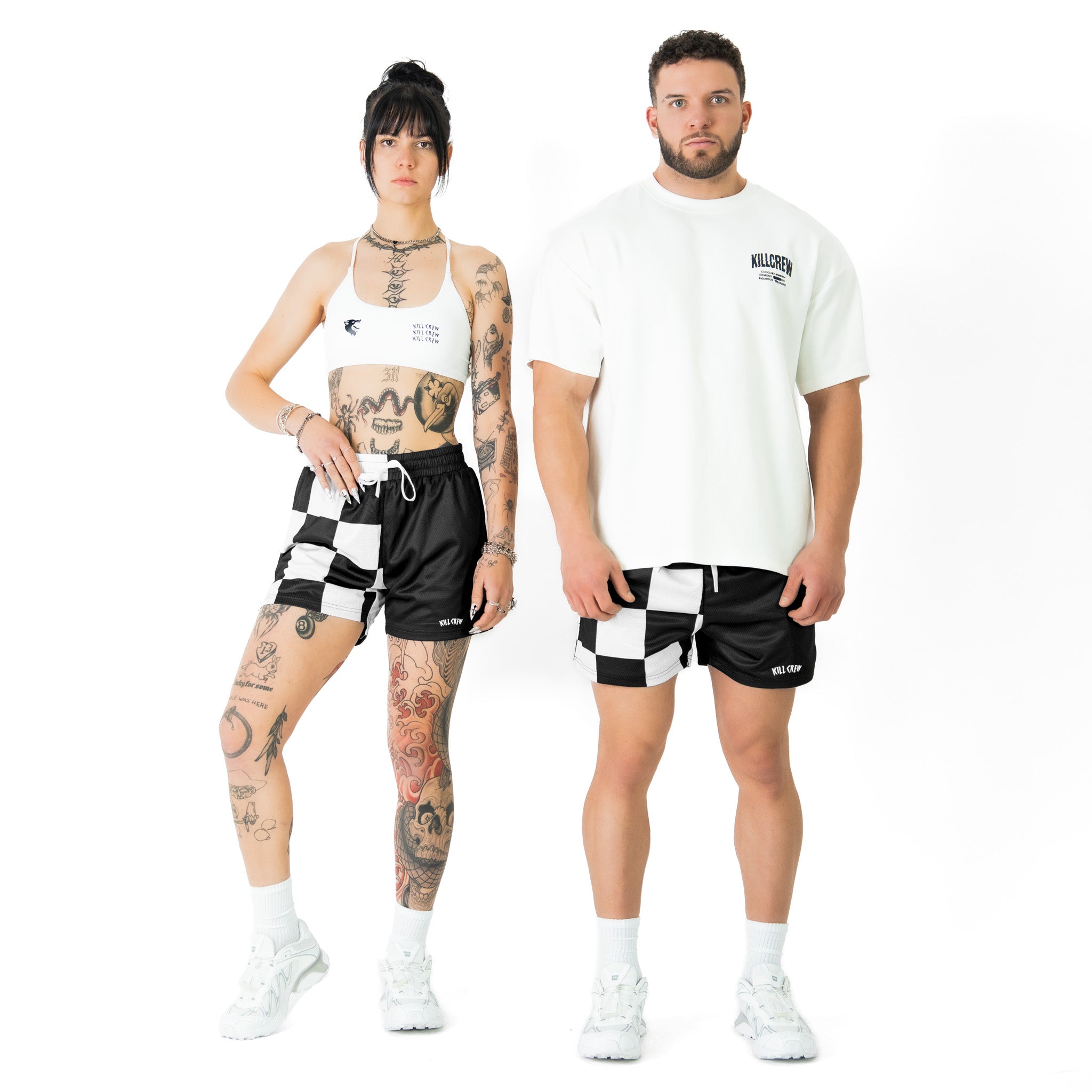 MUAY THAI SHORTS (MID THIGH CUT) CHECKER - BLACK / WHITE