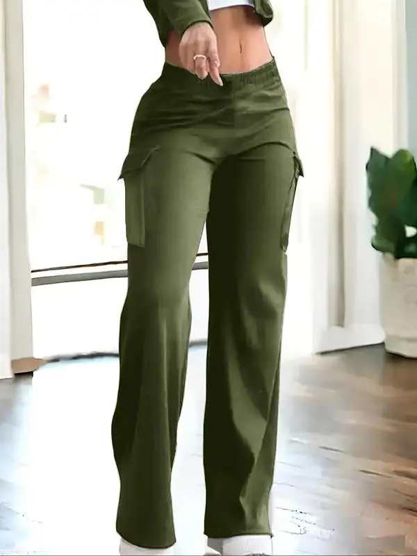 Women's Solid Color Flap Pocket Pants