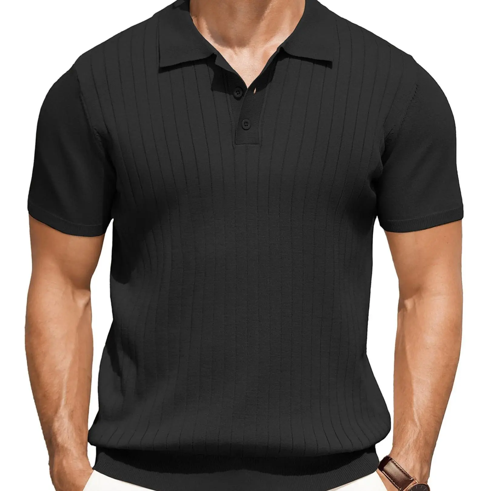 Men's Knit Polo Shirts Short Sleeve Ribbed Knitted Shirt