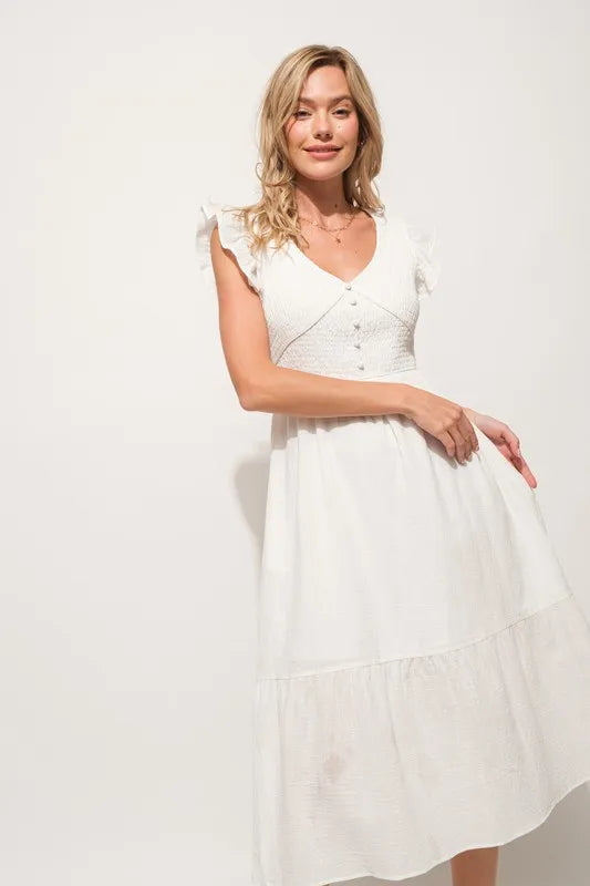 Ruffle Sleeve Front Smocked Tiered Midi Dress