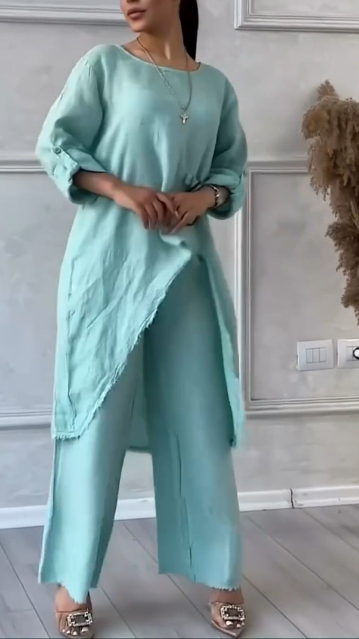 Women's Round Neck Irregular Cotton and Linen Casual Suit