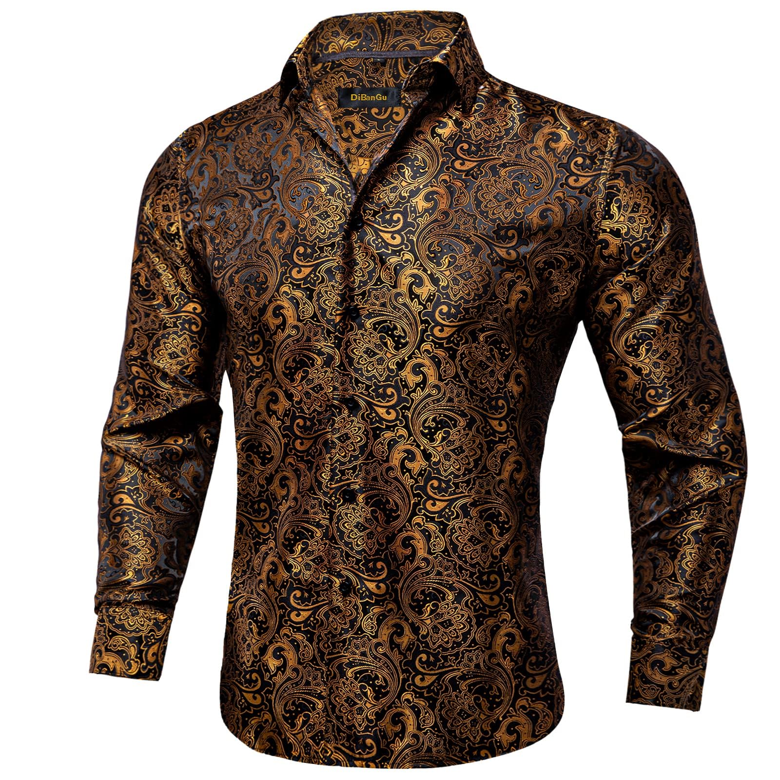 Men's Paisley Dress Shirt Long Sleeve Wrinkle Free Button Down Cowboy Shirts - Gold&black&paisley