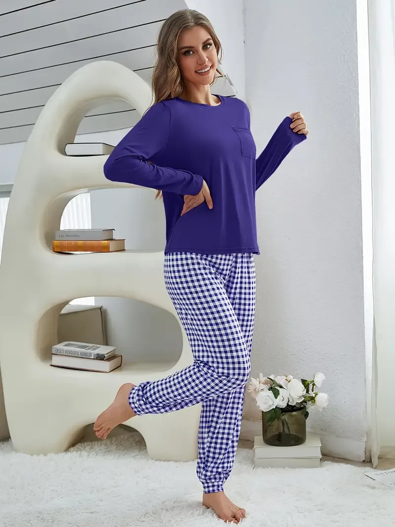 Cozy Women's Fall Lounge Set - Soft Solid Long Sleeve Round Neck Top, Plaid Jogger Pants, Comfortable Relaxed Fit, Perfect for Casual Daily Wear