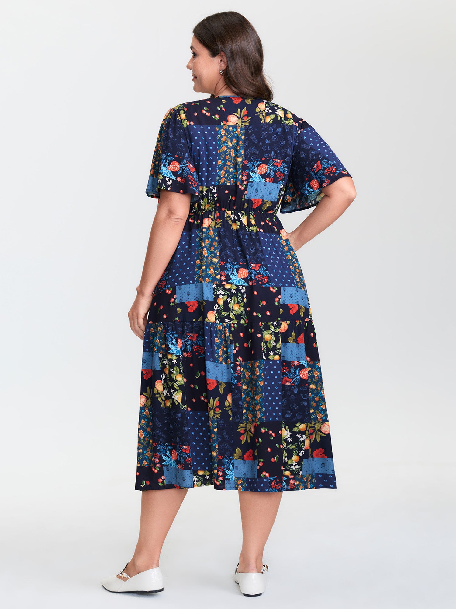 Fruit Collage Print Wrap Neck Midi Dress