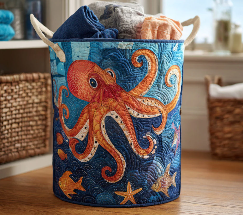 Vivid Underwater Octopus Pattern Quilted Laundry Basket Eco-Friendly Machine Washable Storage Organizer for Home Coastal Bathroom Decor | Octopus