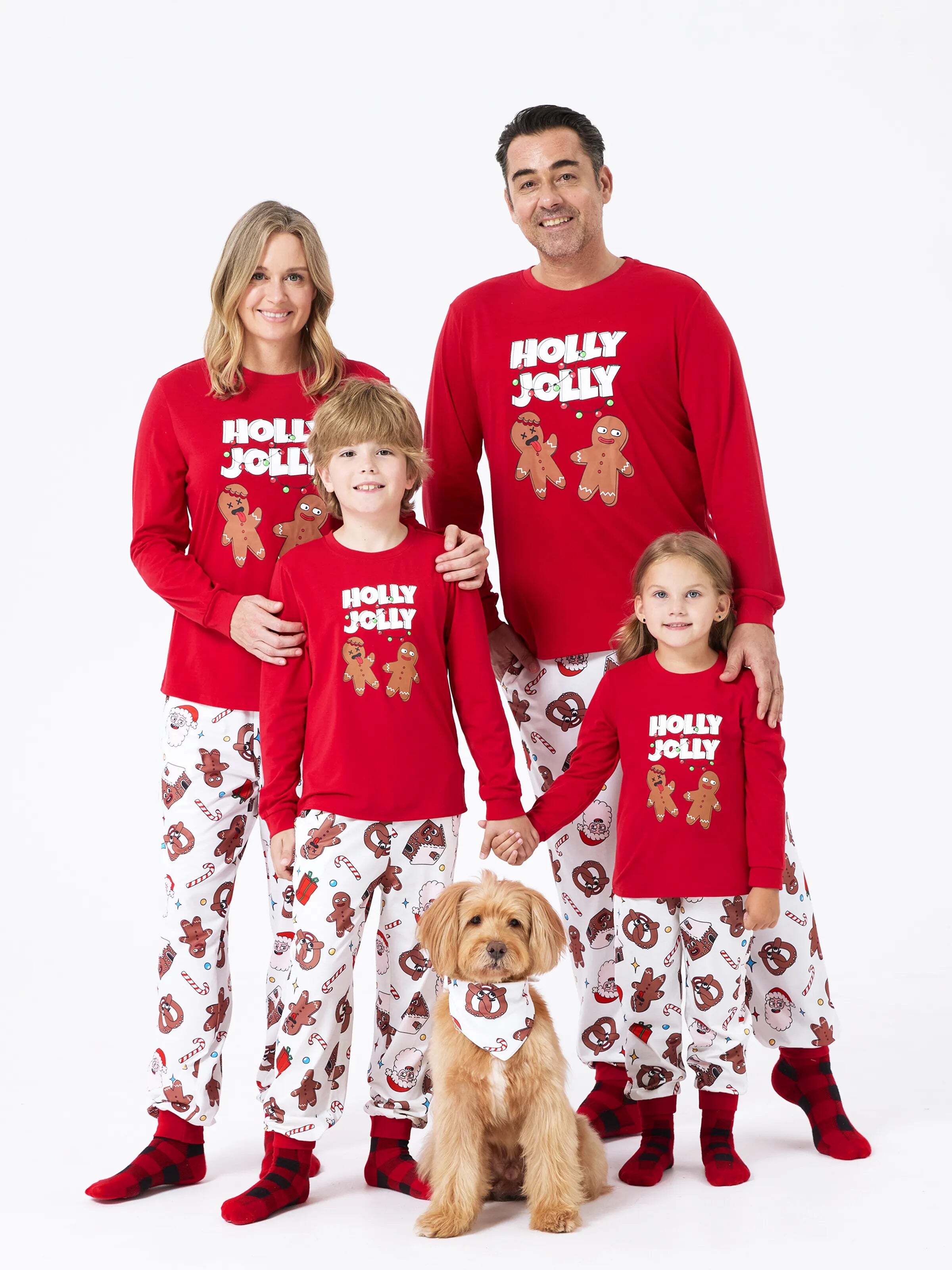 Christmas Matching Family Pajamas Set Gingerbread and Santa PJS with Christmas Socks Red