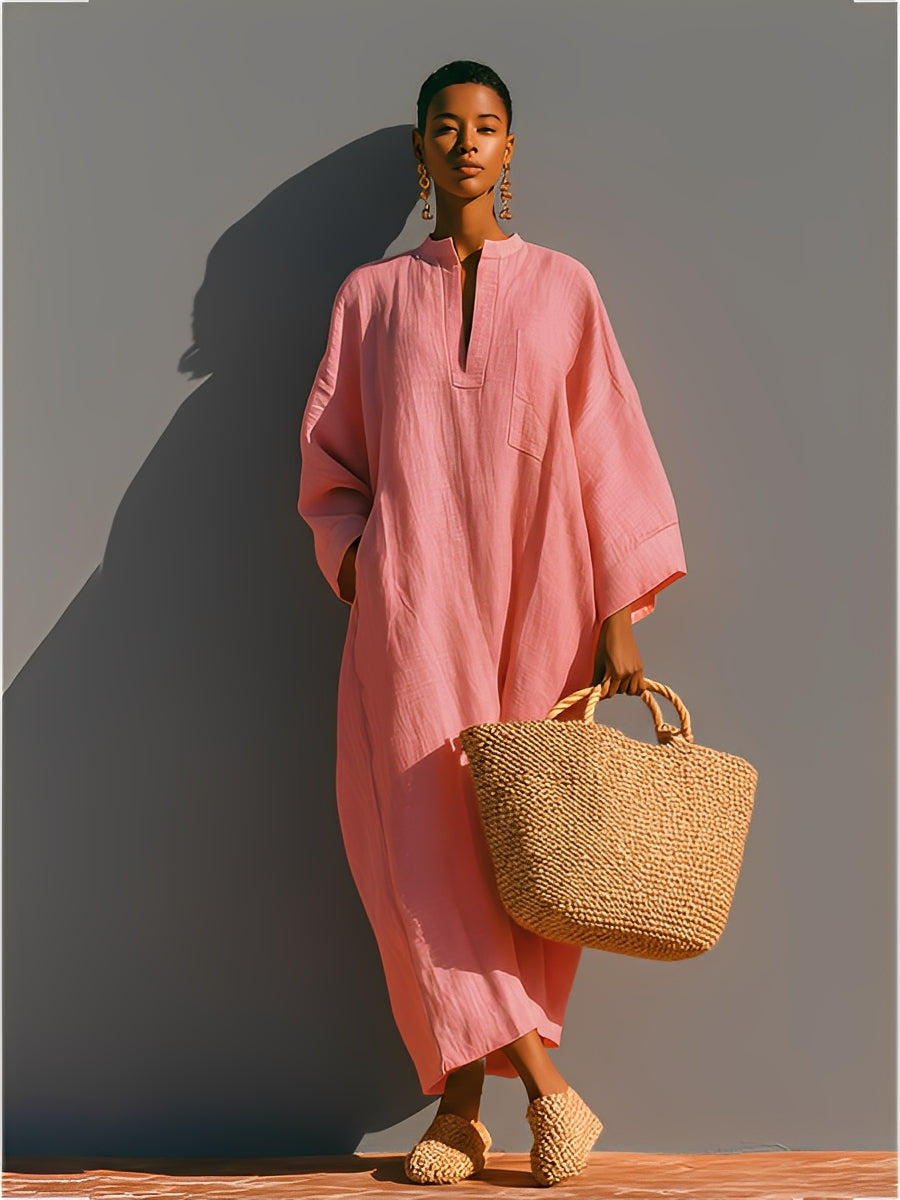 Women's Blush Pink Linen Dress With Three-Quarter Sleeves & Maxi Length, Timeless Resort-Casual Style Dress MDZ2250A5I