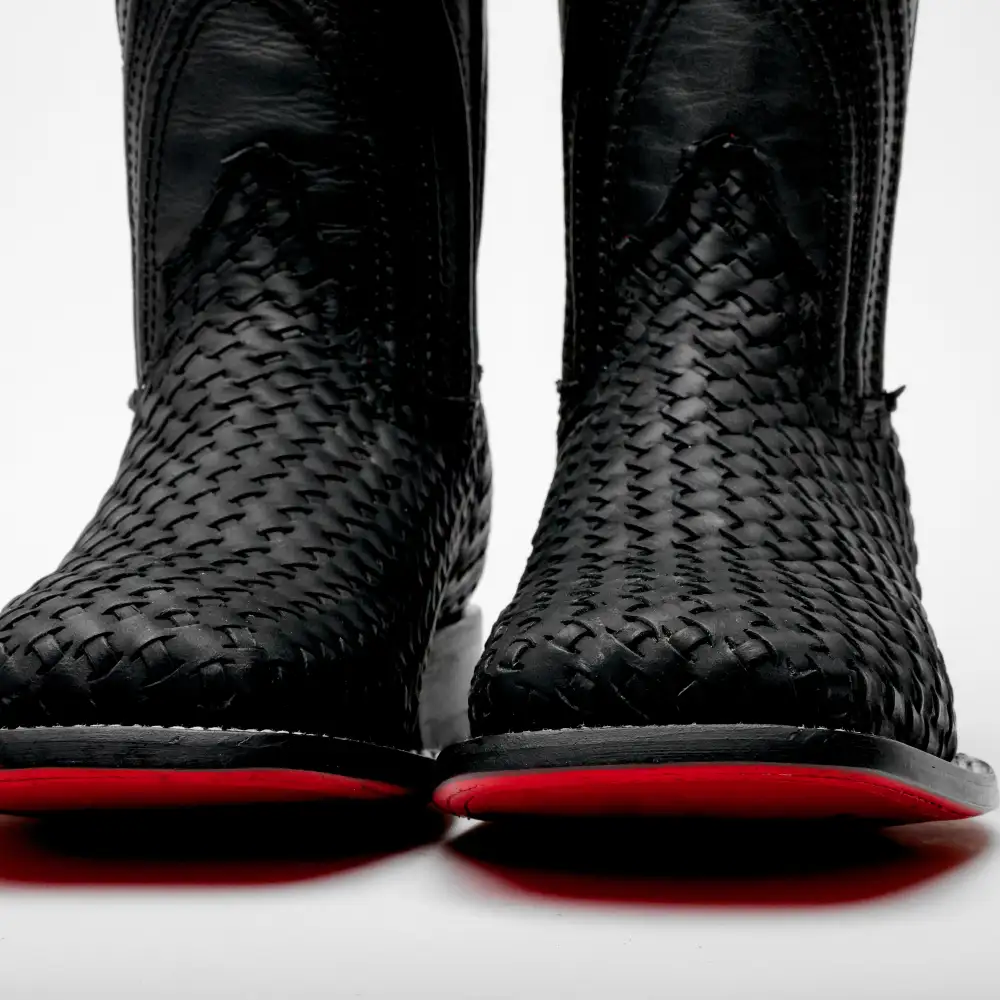 Black Basketweave Leather Boots - Square Toe