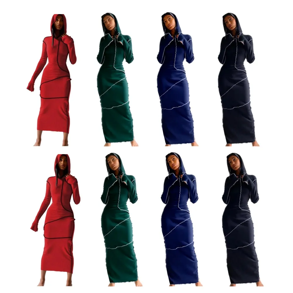 Women's Fall Winter Drop Shoulder Bodycon Hooded Dress