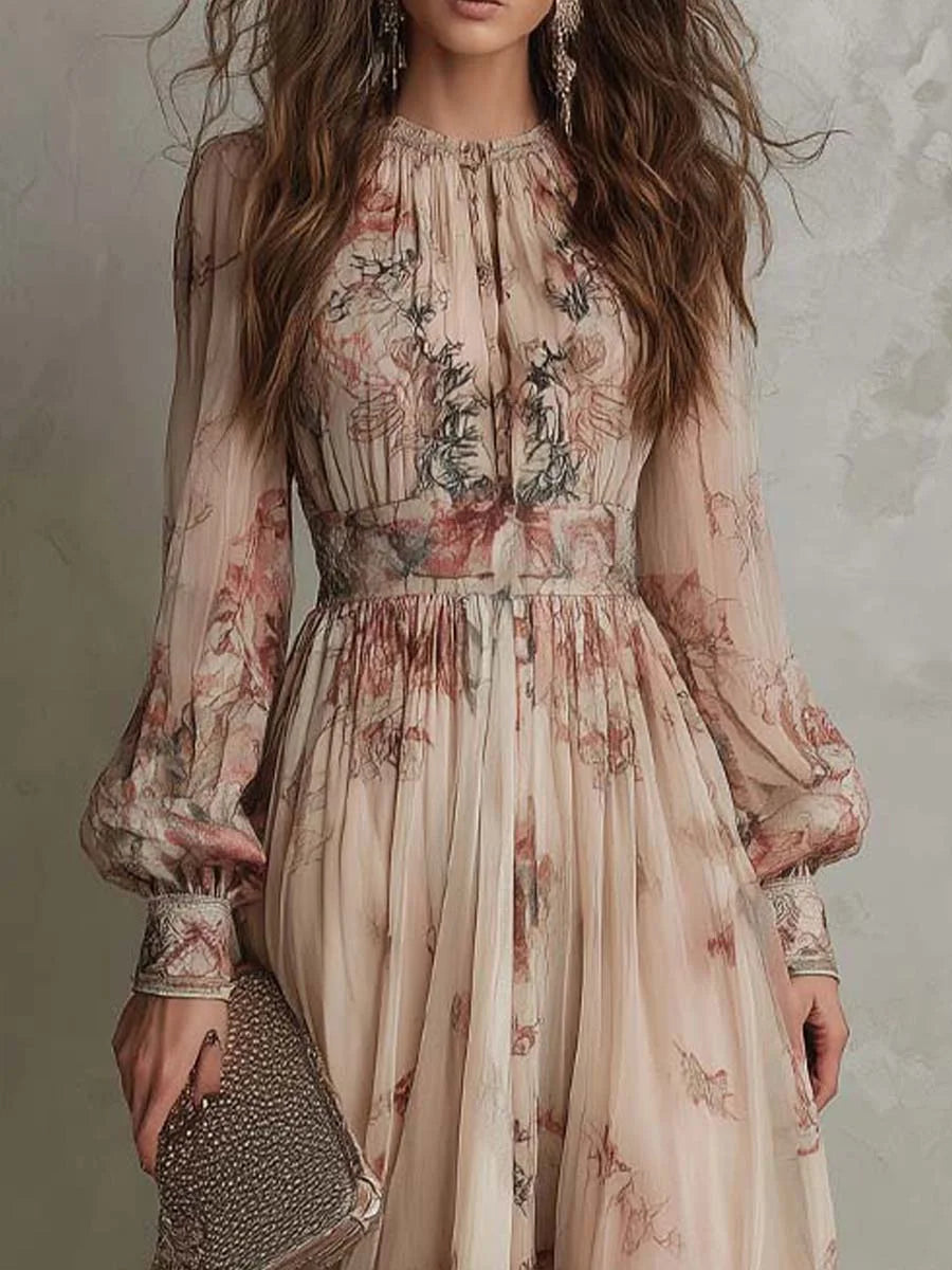 Vintage Floral Chiffon High-Neck Maxi Dress
