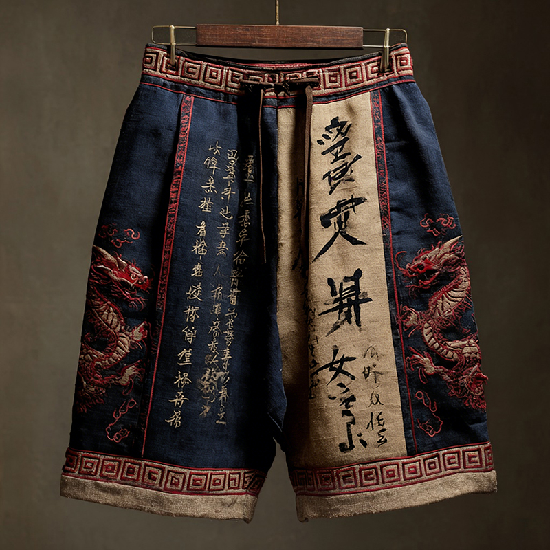 Men's Japanese Calligraphy And Dragon Art Linen Shorts