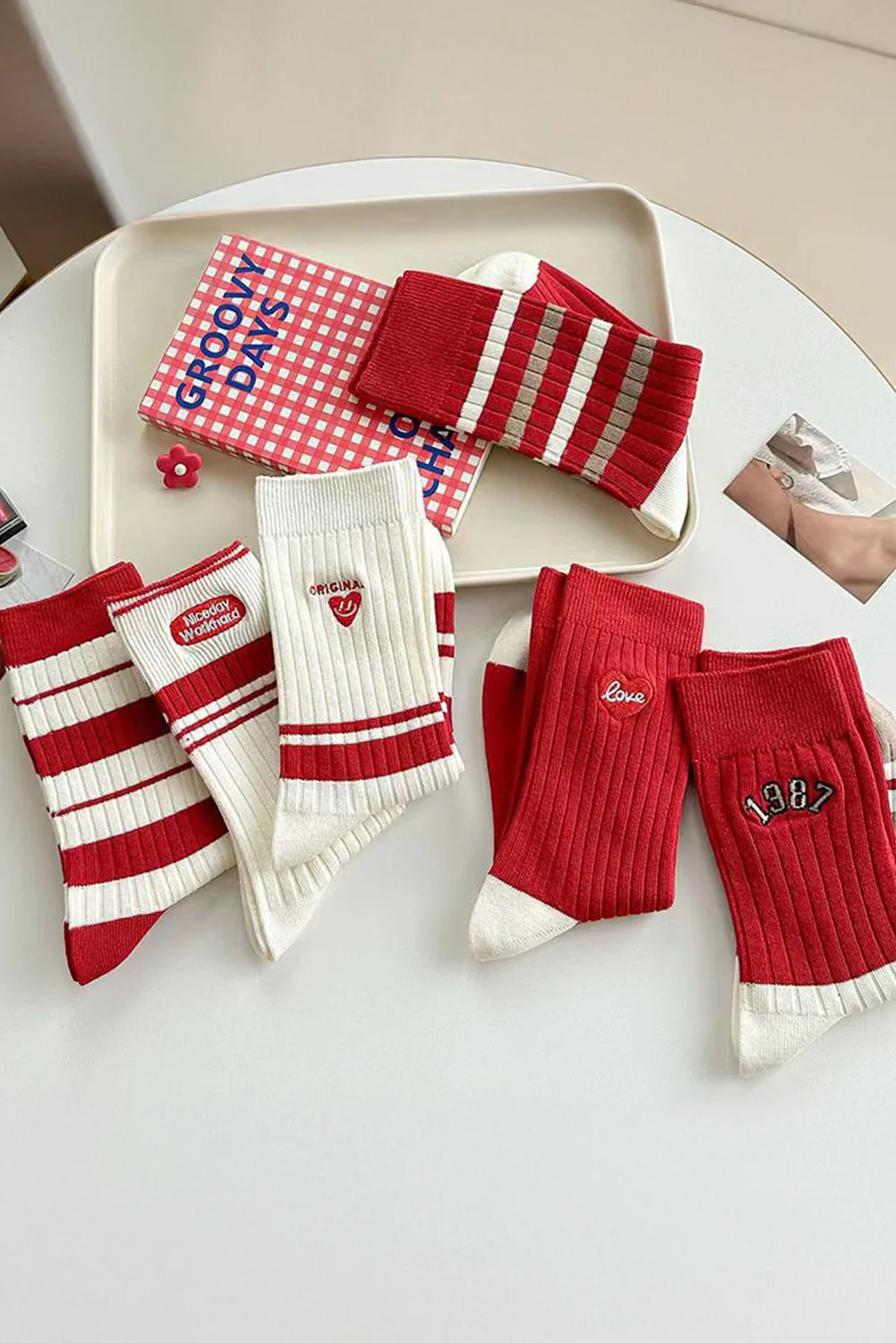 Racing Red Love Embroidered Ribbed Color Block Crew Socks