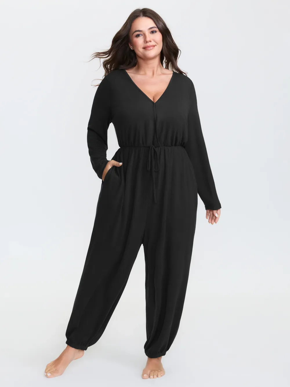 Soft Fitted Lounge Jumpsuit with Tie Neck & Side Pockets