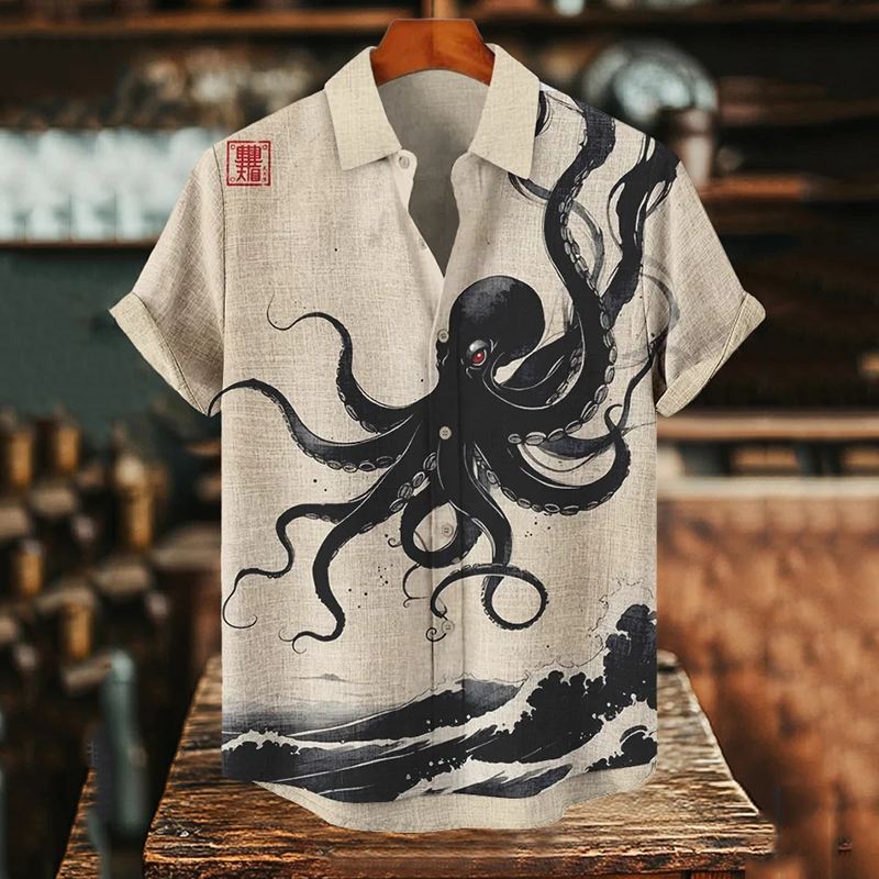 Men's Black Octopus Waves Japanese Art Print Casual Shirt