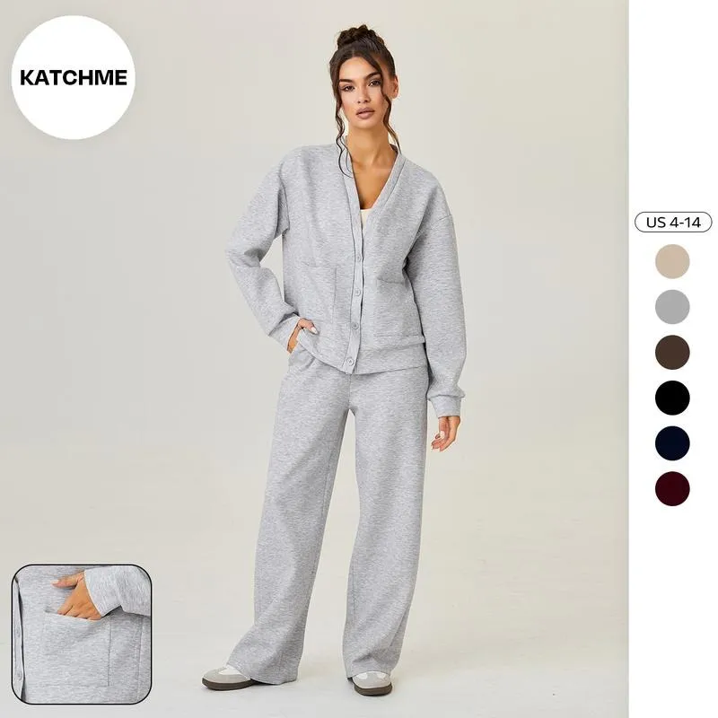 Women's Slouchy Solid Color V Neck Long Sleeve Button Cardigan & Drawstring Waist Trousers Co-ord
