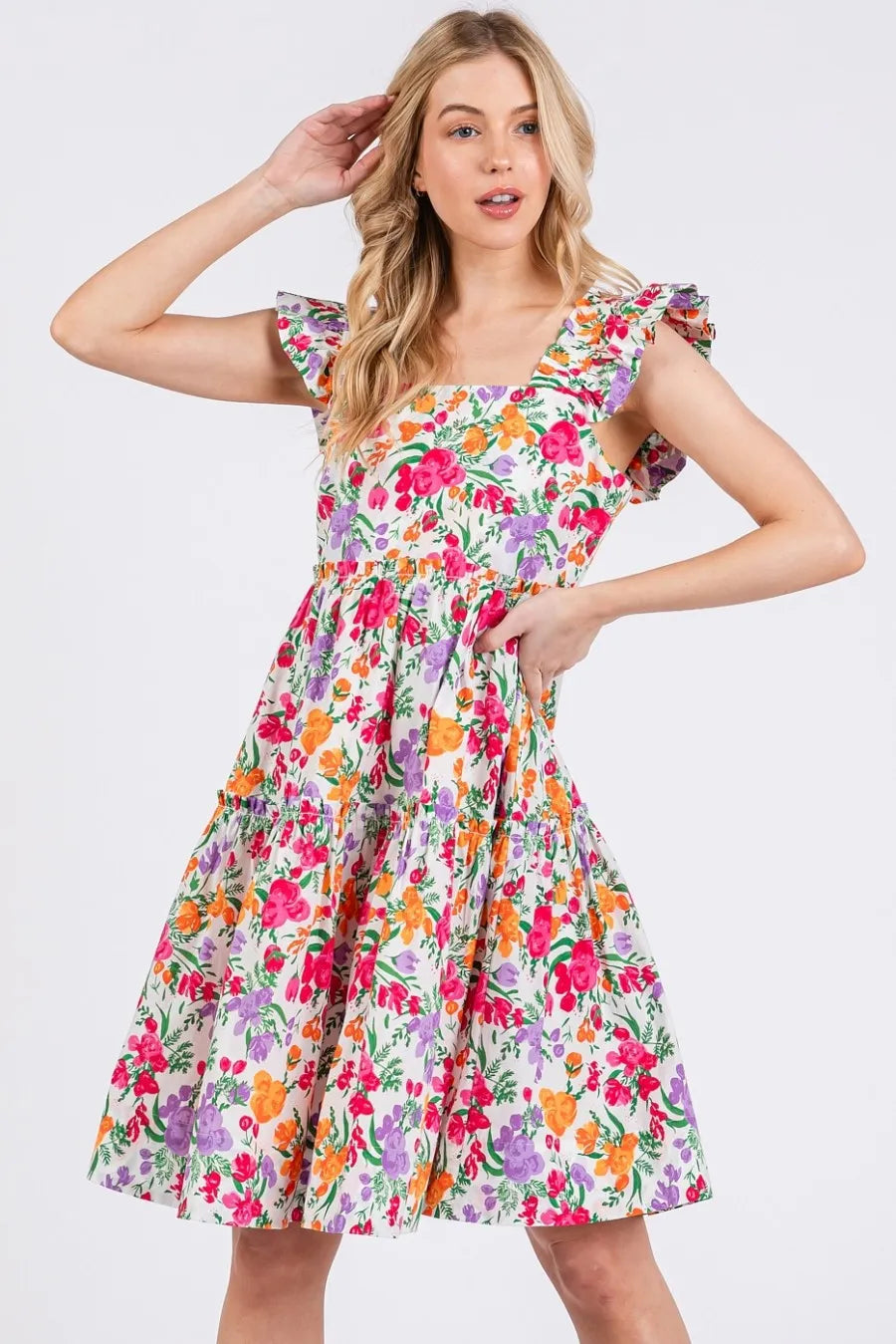 Mittoshop Flower Print Ruffle Shoulder A-line Mini Dress