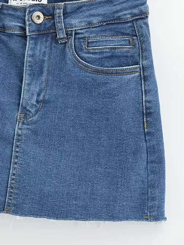 High-Waist Elastic Slim-Fit Distressed Edge A-Line Denim Mini Skirt