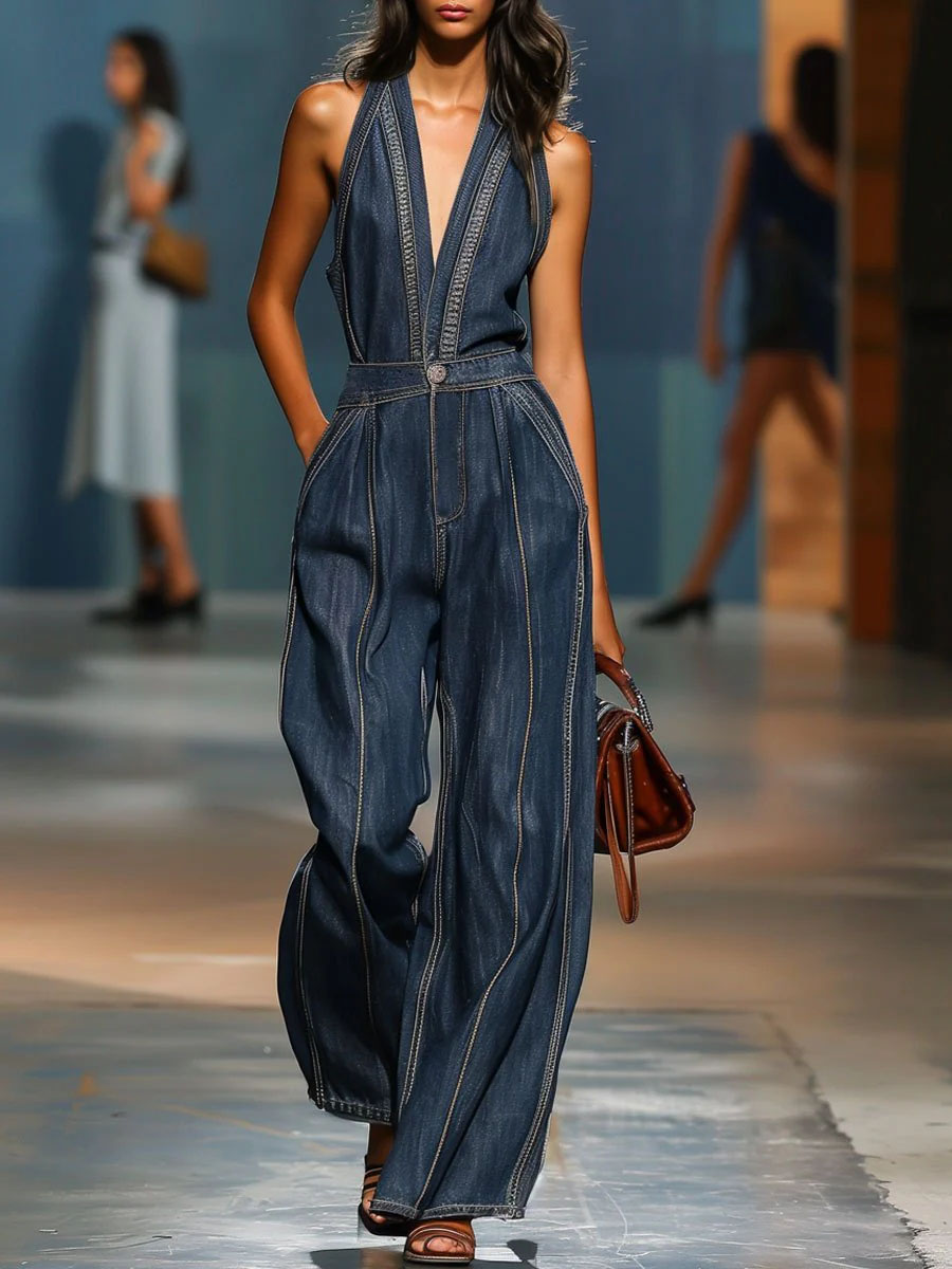 Women's V-neck Sleeveless Casual Loose Denim Jumpsuit With Wide Legs