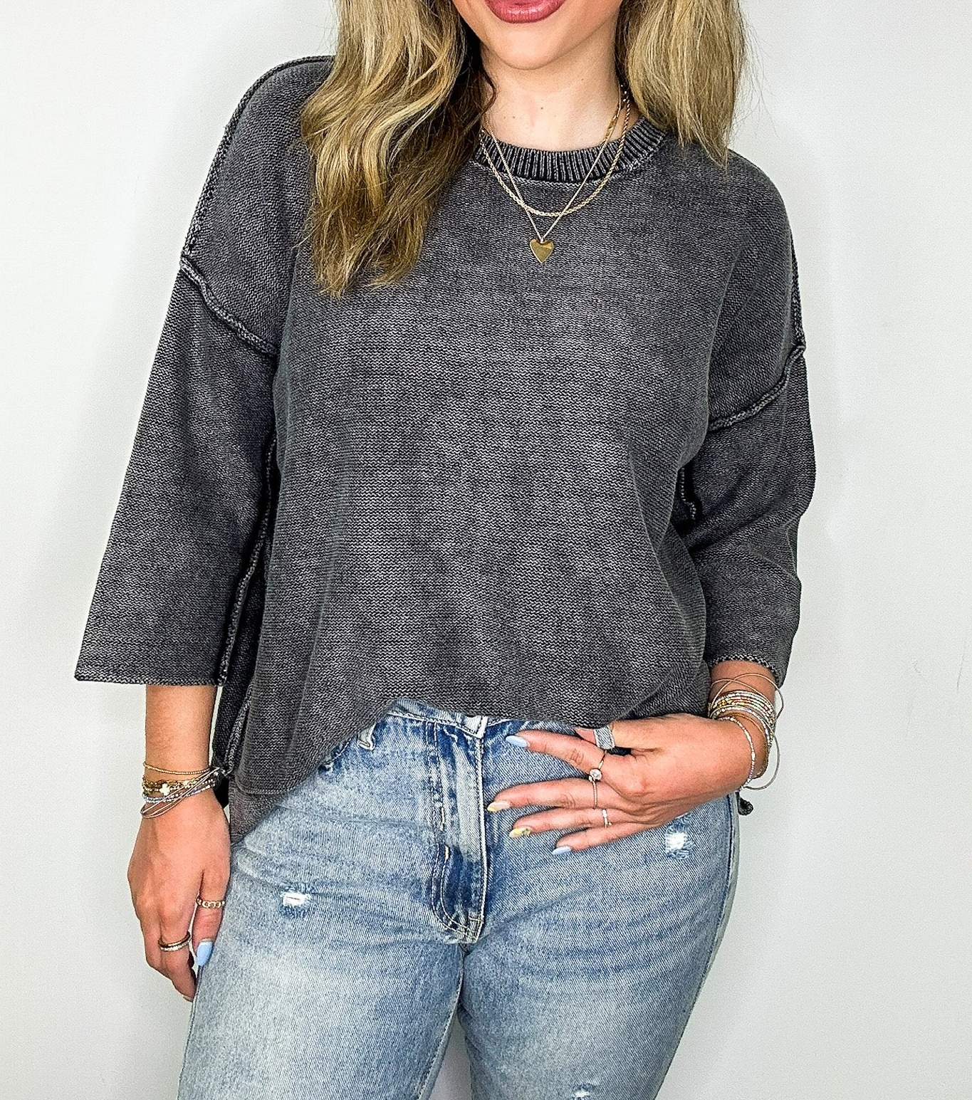 Cozy Fade Washed 3/4 Sleeve Relaxed Sweater