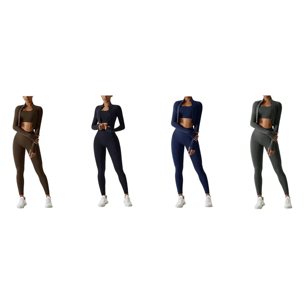 Women’s 3-Piece Workout Set – Sports Bra, Leggings & Zip Jacket with Thumbholes