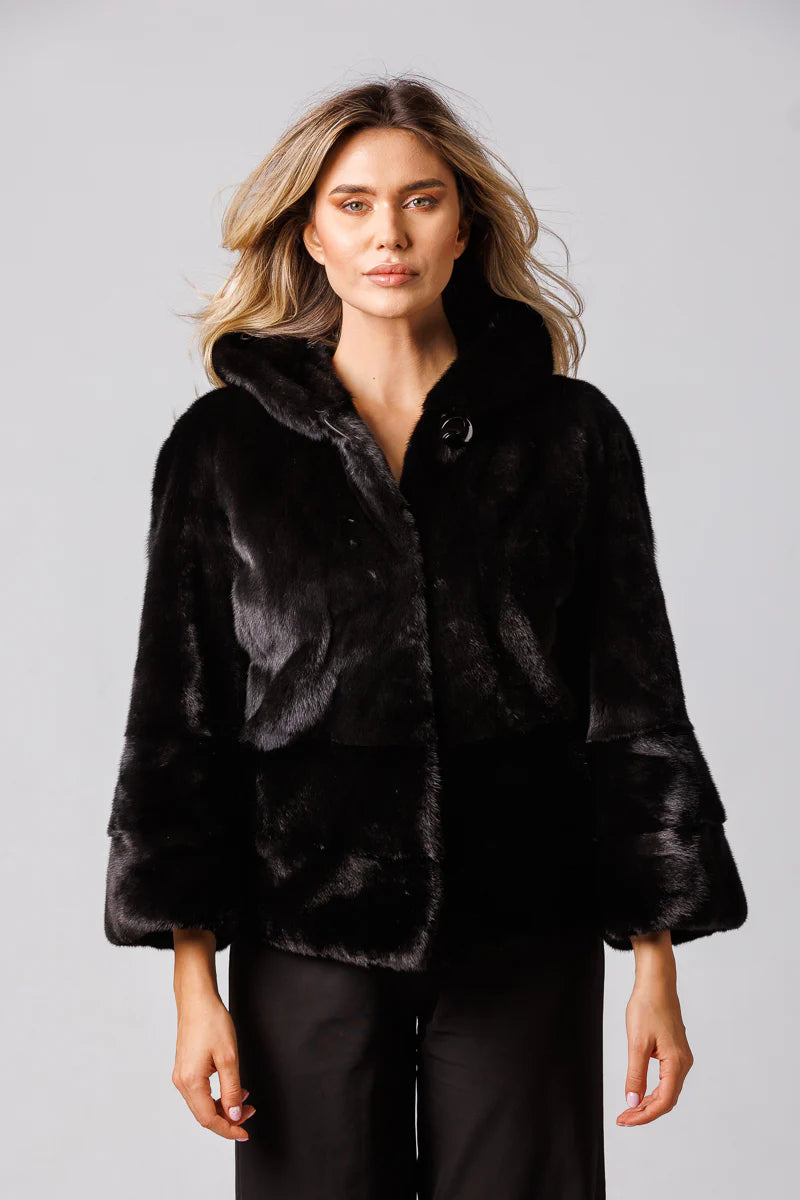 Haină din Blană Naturală de Vizon, cu Glugă, Femei, Diamond 201