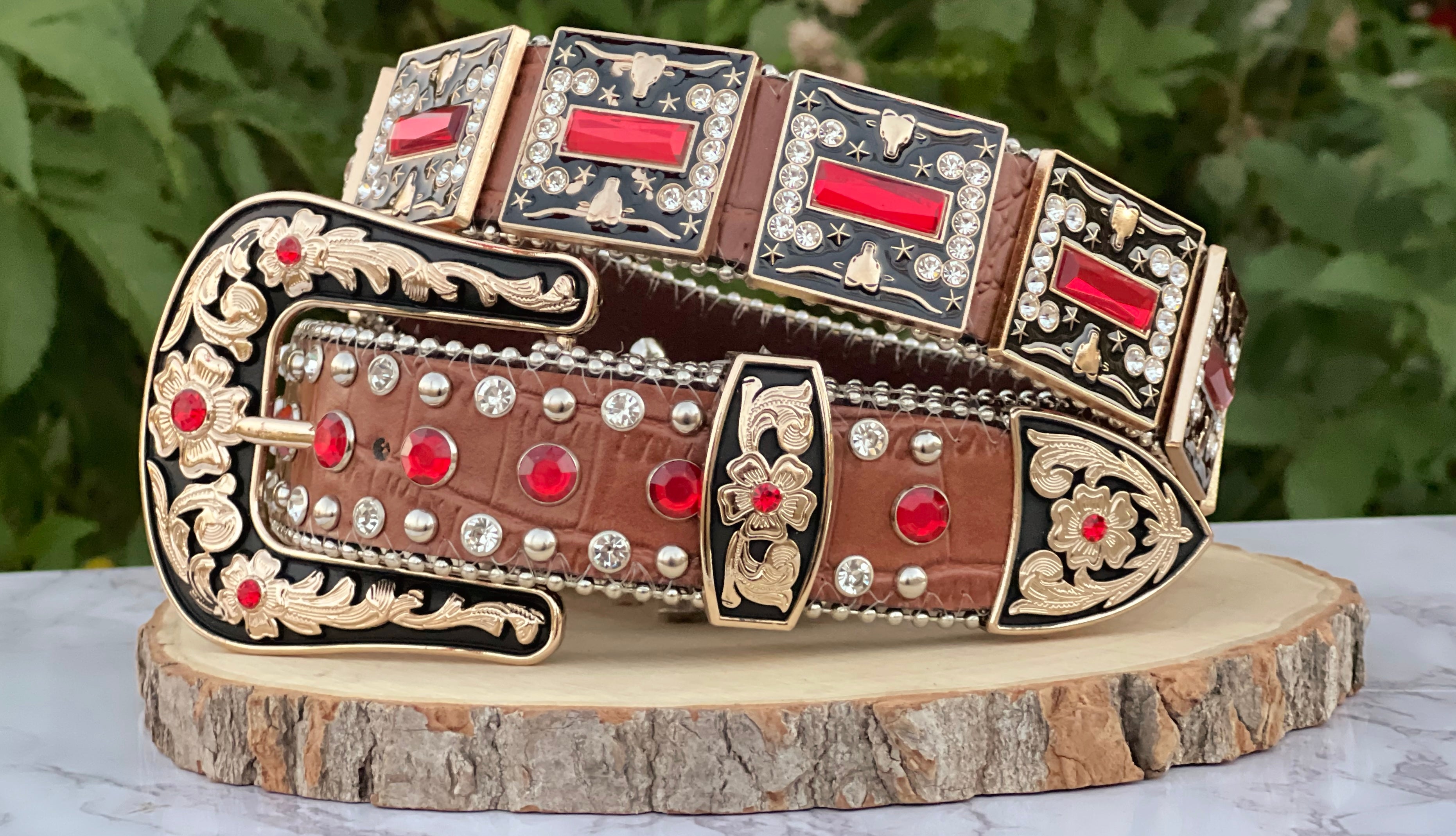 Western Brown Leather Belt With Red/Longhorn Rhinestones