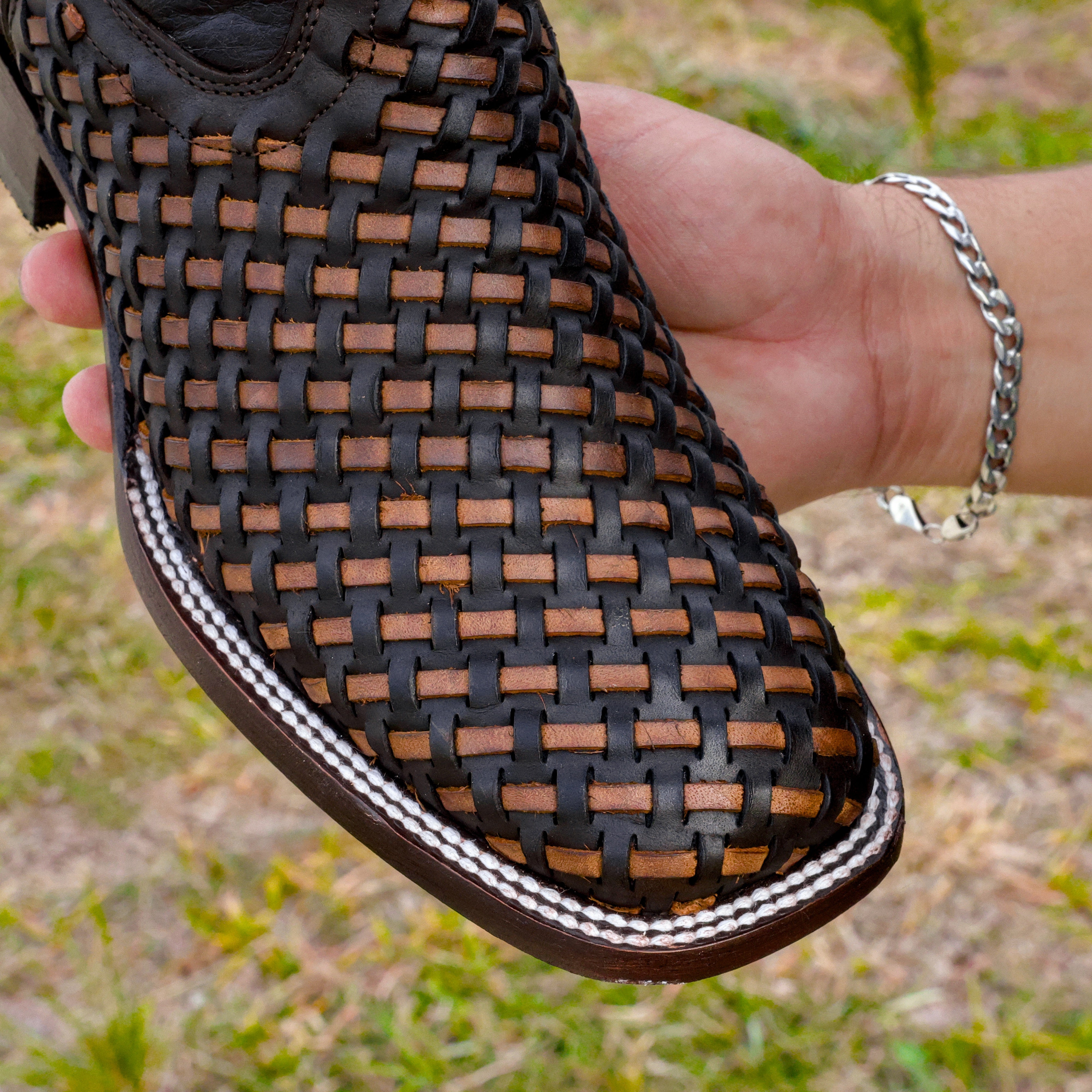 Brown Basketweave Leather Boots - Square Toe