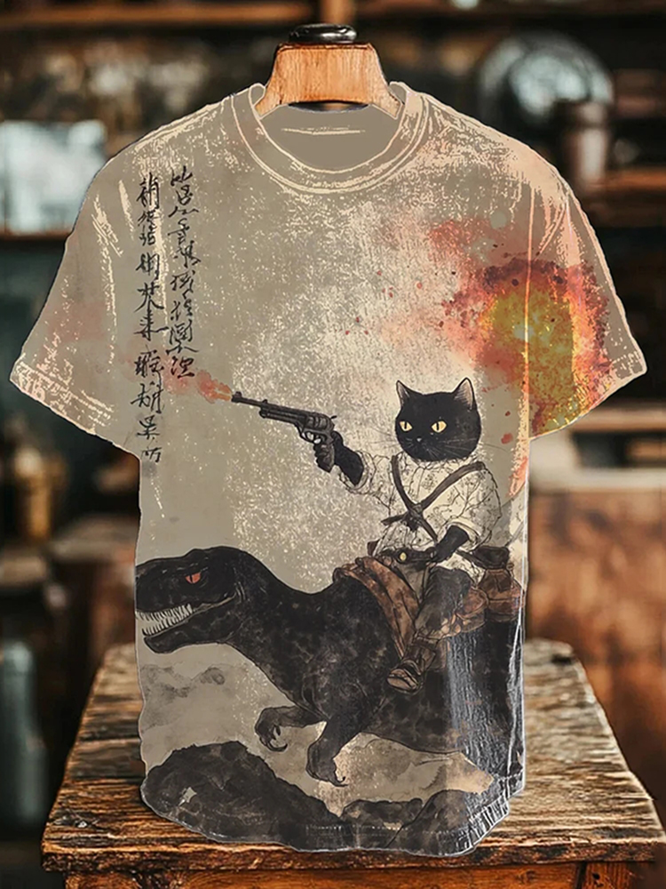 Men's Retro Calligraphy Cat Dinosaur Volcanic Eruption Print T-shirt