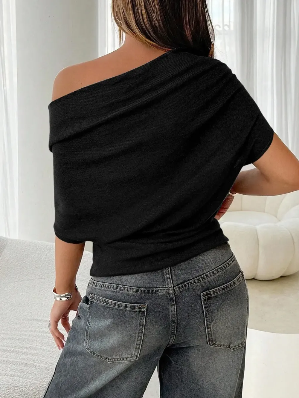Women's Summer Autumn Plain Asymmetrical Shoulder Batwing Sleeve Knit T-Shirt