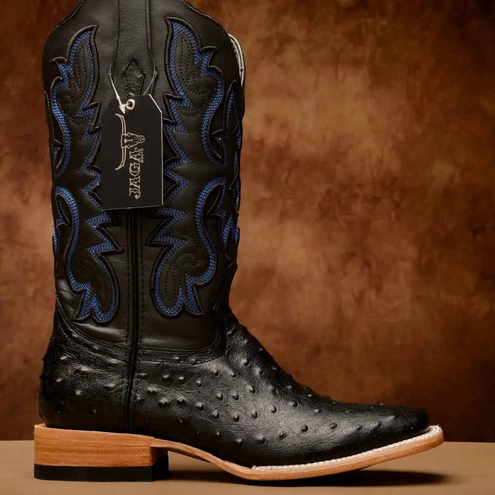 Black Ostrich Leather Boots - Square Toe