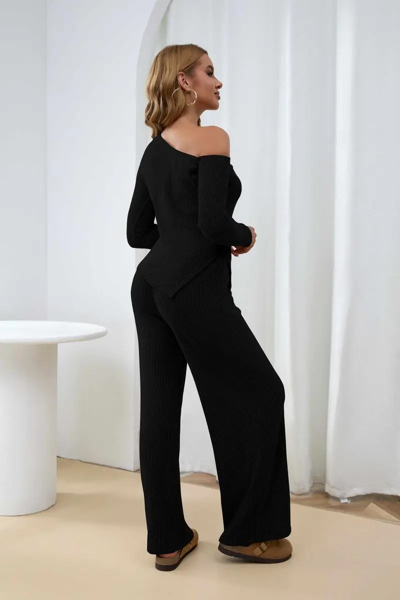 Chic Sherpa Set for Women Asymmetric Shoulder Top & High Waist Wide Leg Pants
