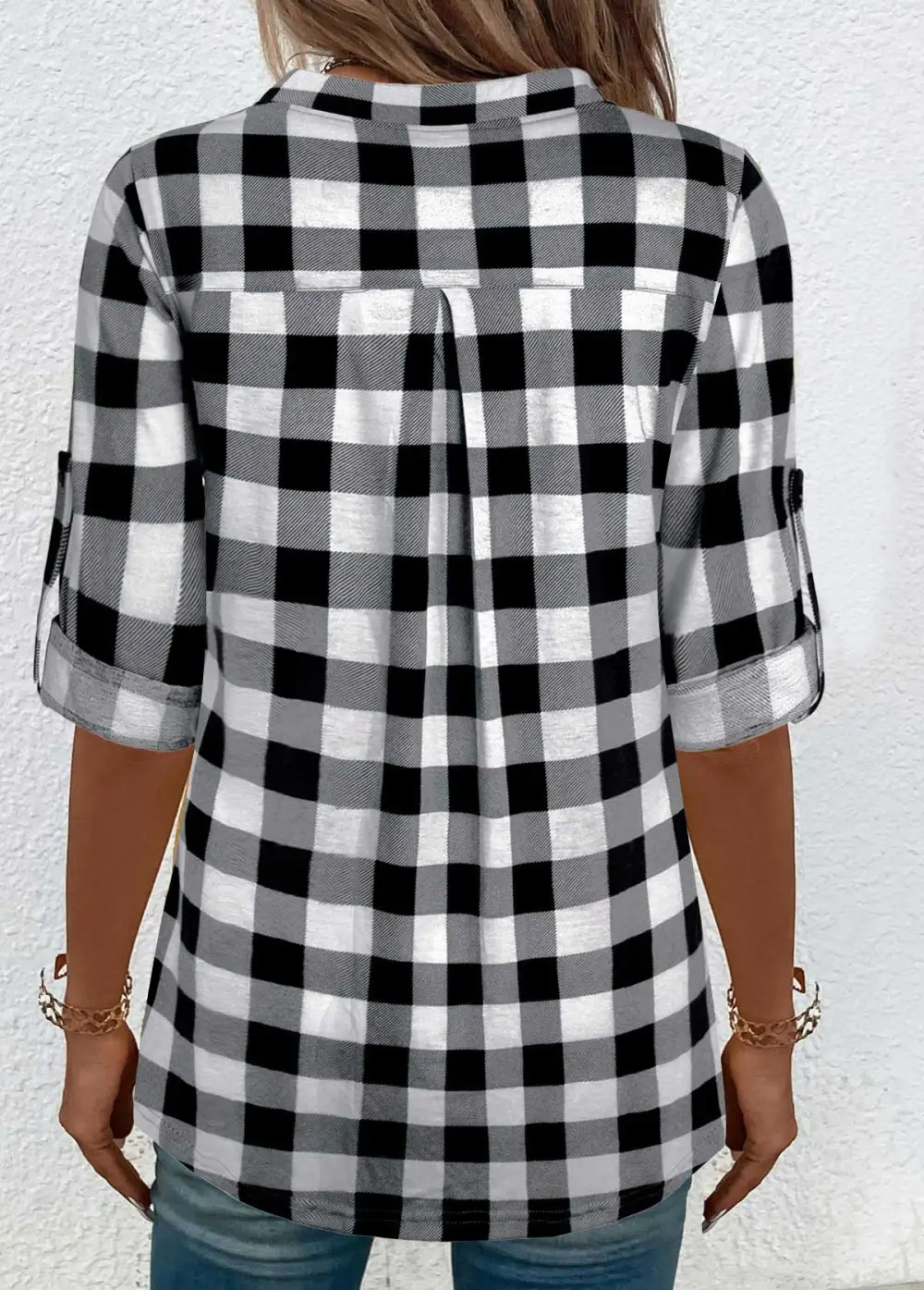 Black Button Plaid Three Quarter Length Sleeve Blouse