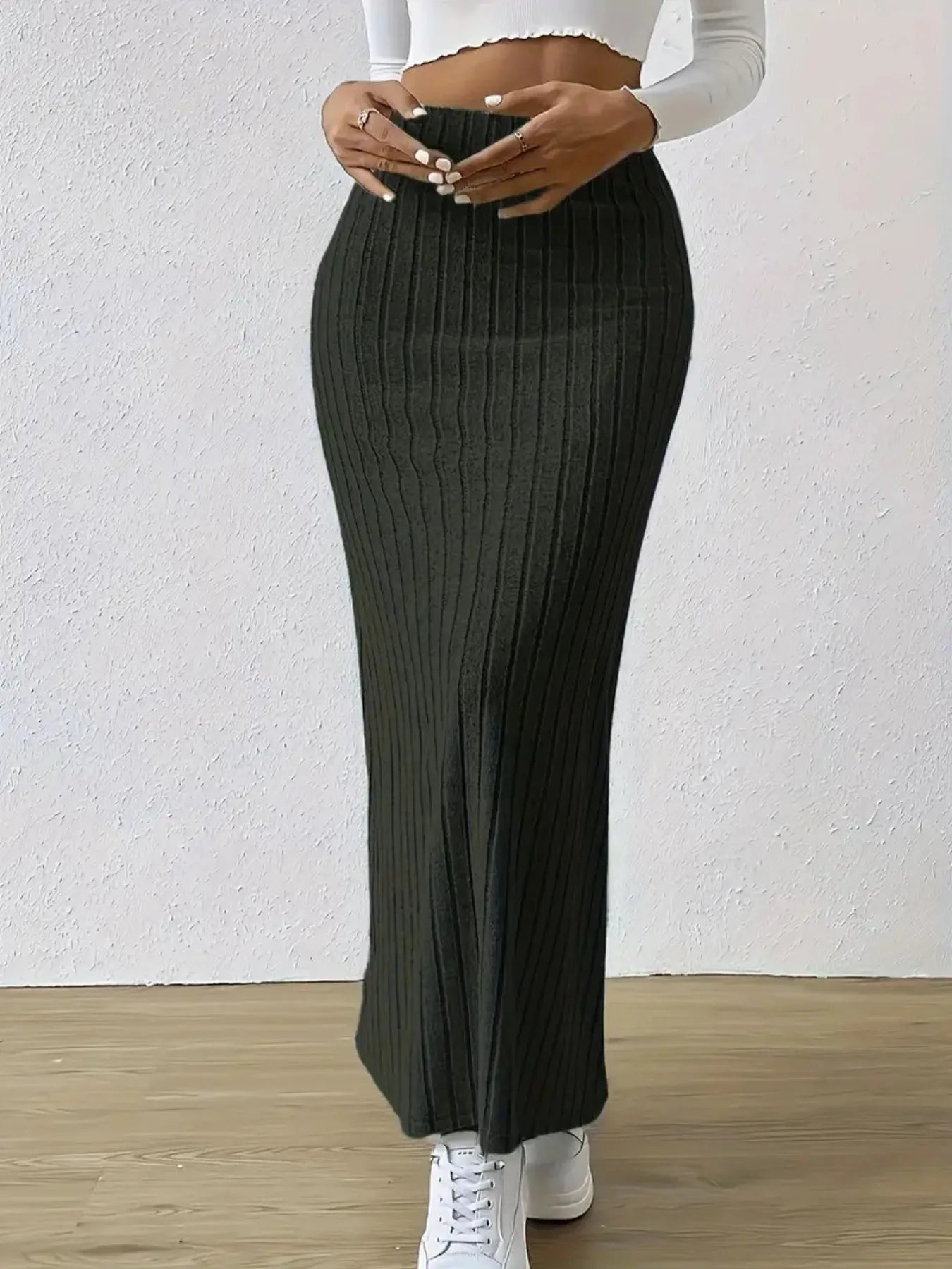 High Waist Ribbed Knit Maxi Skirt